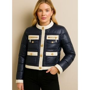 Y2k Twisted Heart Black White Trim Puffer Jacket Gold Button Zip Pockets